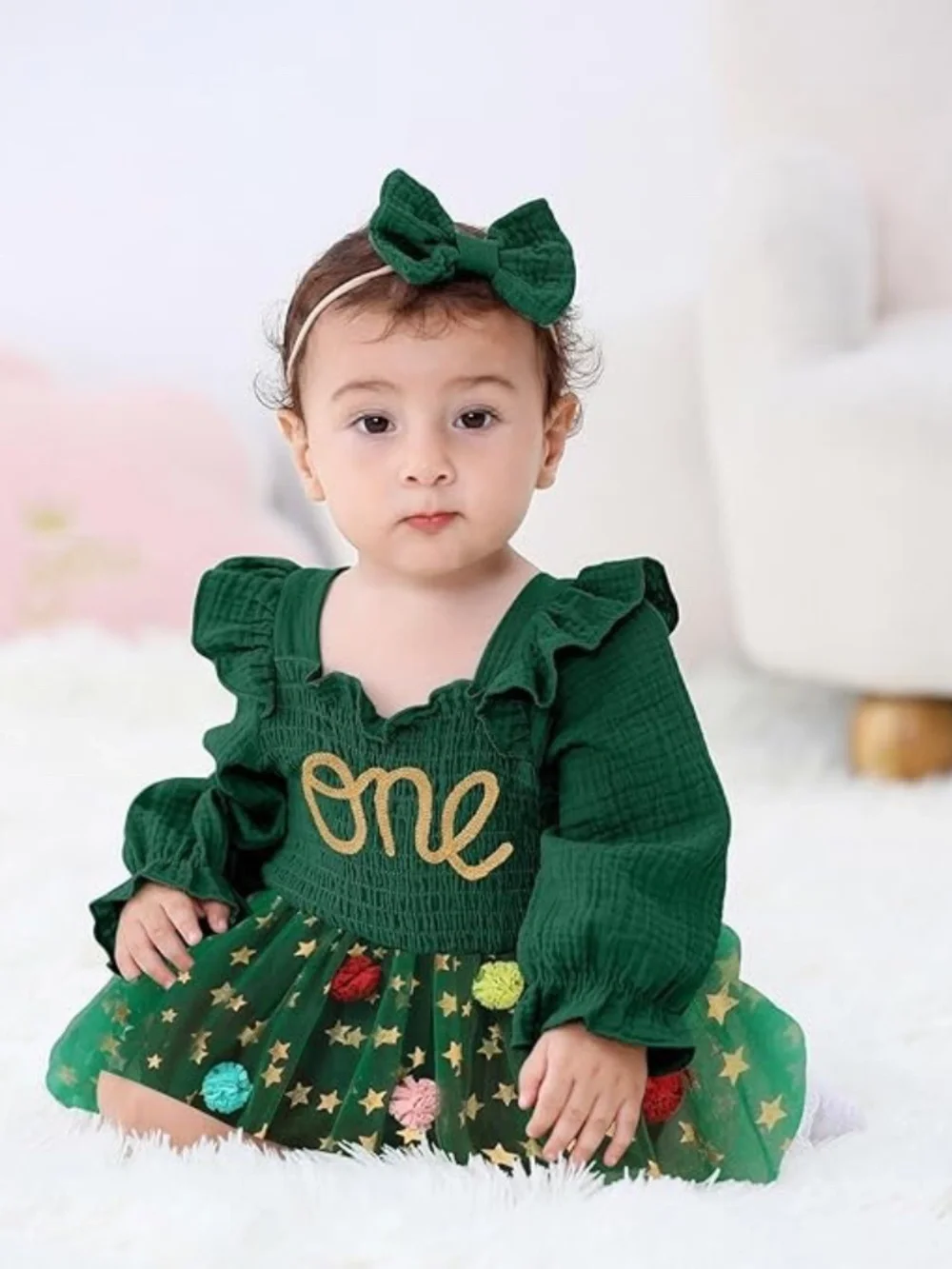Baby Girl ONE Birthday Tulle Romper Green Gold Stars 3-6M